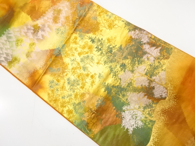 JAPANESE KIMONO / ANTIQUE FUKURO OBI / SILK / WOVEN MOUNTAIN & TREE